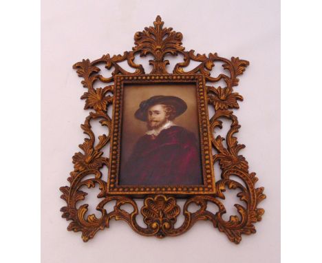 A continental portrait of a gentleman on porcelain in 18th century style with pierced leaf and shell frame 31 x 24cm