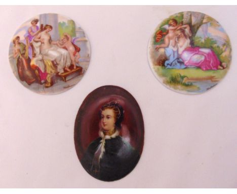 Two polychromatic porcelain plaques of ladies with putti in the style of Angelica Kauffmann and an oval portrait of a lady (3