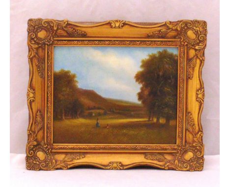 Ray Witchard framed oil on panel of a country landscape with children playing in the meadow, 19 x 24cm
