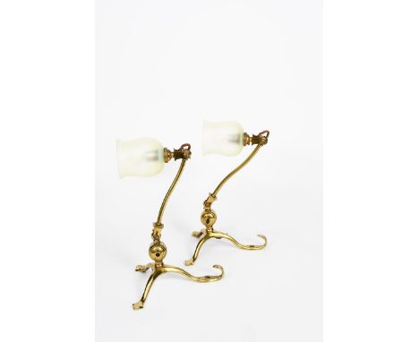 A pair of WAS Benson brass  table or bracket wall lights, model no. 1132,  tripod foot with articulated stem and fitting, wit