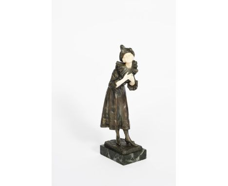 λ Luce Pierrette patinated bronze and ivory of a pierrette standing, on green veined marble base, cast Luce signature 25.5cm.