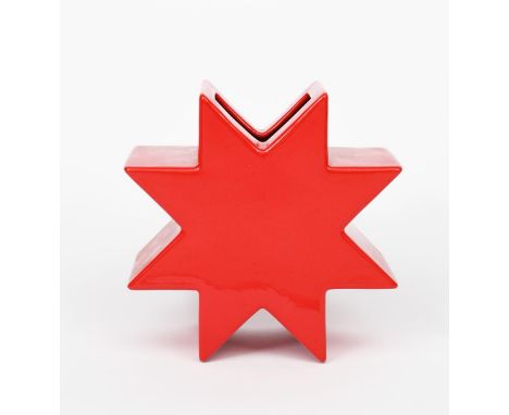 Hsing Star vase designed by Ettore Sottsass for Anthologie Quartett,  red enamelled ceramic vase, painted and printed marks, 