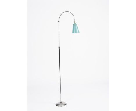 A chrome standard lamp, on domed base, the curved, adjustable stem supporting blue enamelled cone shade cast numbers to under