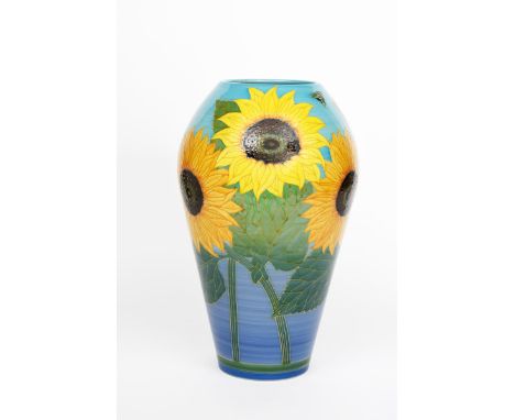 'Sunflower' a large Dennis China Works vase designed by Sally Tuffin, dated 2004, shouldered form, painted in colours on a gr