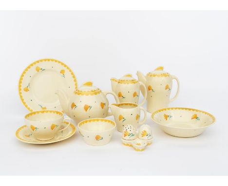 A Susie Cooper Productions Kestrel breakfast set, painted with simple yellow flower stems, comprising small kestrel teapot an