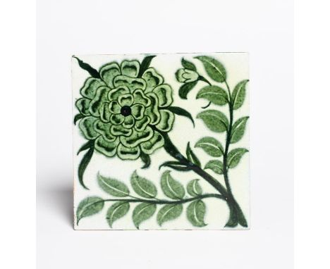 A William De Morgan Sand's End Pottery Four Inch Rose (variant) tile, painted with a rose in green on a white ground, impress