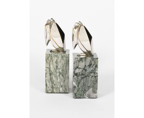 George Henri Laurent (1880-1940) Marabou standing, a pair of silvered bronze sculptures on grey veined marble bases, signed i