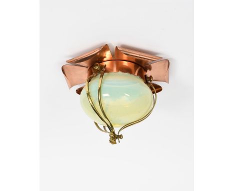 A rare copper and brass ceiling light probably by WAS Benson, the copper frame of foliate form with brass strap supports and 