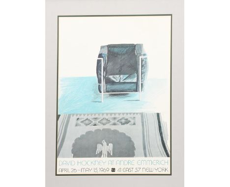 David Hockney, David Hockney at Andre Emmerich (Le Courbusier Chair), 1969 lithographic poster on paper, framed initialled an