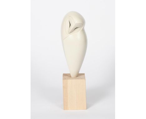 ‡Anthony Theakston, (born 1965) Owl salt-glazed ceramic sculpture of a perched barn owl, on wooden plinth incised signature 3