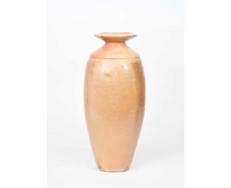 Richard Batterham (1936-2021) a tall stoneware bottle vase, shouldered form with flaring neck, the foot, salt-glaze with slip