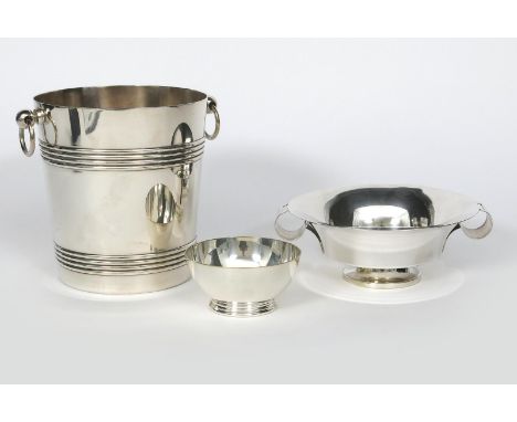 A Gallia electroplated ice bucket,  flaring cylindrical form with ribbed band decoration and two loop handles, a Gallia twin-