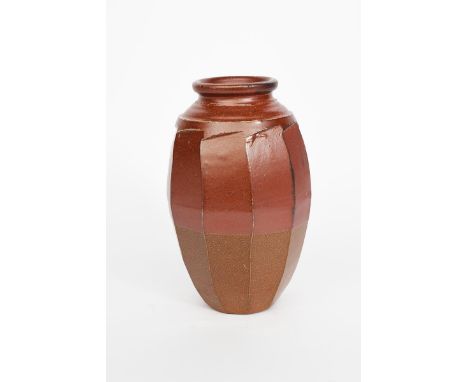 Richard Batterham (1936-2021) a salt-glazed stoneware cut-sided jar,  the neck slipped down to the waist, and upper body glaz