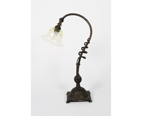 A rare WAS Benson silvered metal table lamp,  model no.1192, on domed square base with pad feet, the scrolling stem flanked w