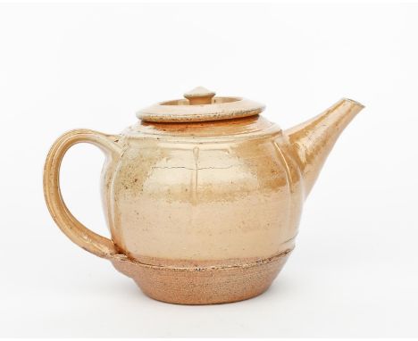 Richard Batterham (1936-2021) a salt-glazed Melon teapot and cover, ovoid with vertical ribs, covered in a translucent speckl