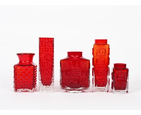 A Whitefriars Ruby glass vase designed by Geoffrey Baxter,   square section, shouldered vase with cast textured surface, anot