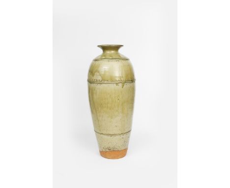 Richard Batterham (1936-2021) a large stoneware two piece bottle vase, shouldered, tapering cylindrical form with simple band