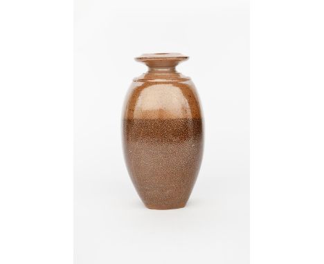 Richard Batterham (1936-2021) a salt-glazed stoneware small beaten bottle, swollen square section with flaring neck, with sli