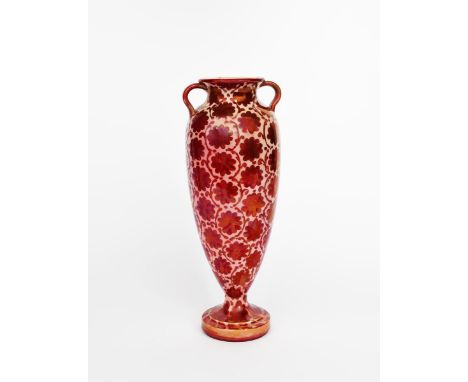 A tall twin-handled vase probably Maw &amp; Co, slender, footed form, painted with a floral repeat in ruby red on a white gro