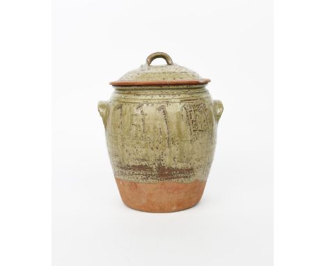 Richard Batterham (1936-2021) a large stoneware beer jar and cover, swollen cylindrical form with simple cut band of decorati