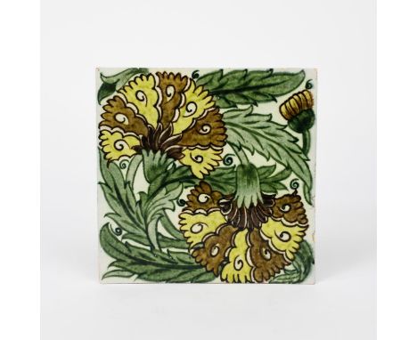 A William De Morgan Early Fulham Period Double Carnation  large tile,  painted in shades of yellow, ochre and green on a whit