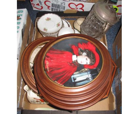 Tray of assorted mainly china to include floral tea ware, Portmeirion mantle clock, Brains advertising water jug, collectors 