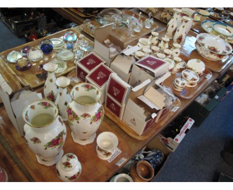 Four trays of Royal Albert Old Country Roses items to include lidded tureen, pair of vases, other vases, egg cups, napkin rin