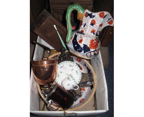 Box of assorted items to include a bronzed study of Ratting Terrier dogs, floral cabinet cup and saucer, ruby glass and pewte