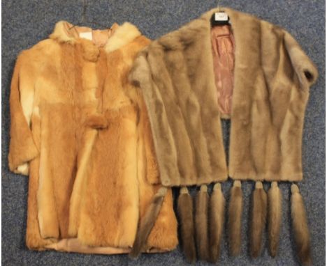 Vintage silver grey mink fur stole, together with a vintage probably rabbit fur hooded short sleeved jacket with fur covered 