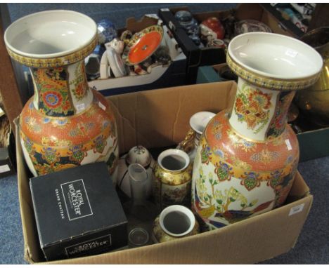 Box of mainly Oriental china to include large pair of Japanese vases decorated with birds amongst foliage, pair of smaller Ja