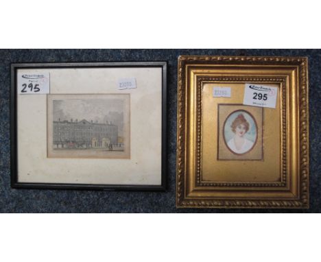 Early 19th Century British school portrait miniature of a young woman, on ivory in a gilt frame. Together with a coloured eng