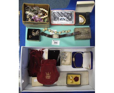 Shoebox of collection of assorted costume jewellery to include: wristwatches, pocket binoculars, cameo brooch, trinket boxes,