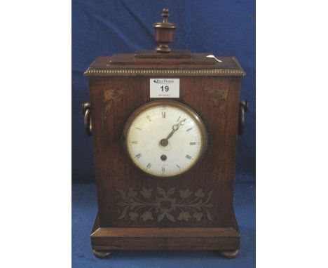 William IV rosewood architectural mantle clock with urn finial and loop handles, the case inlaid with foliate brass decoratio