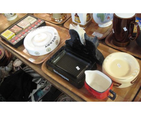 Two trays of Breweriana and other items to include Wade double century sherry, Chevas regal scotch whiskey, ash trays, Hague 
