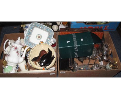 Two trays of assorted china, metal ware and other items to include silver plated tea ware, cased tea spoons and tongs, modern