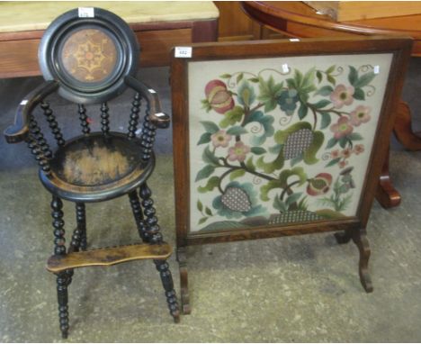 Early 20th Century ebonised and inlaid child's chair with circular seat and bobbin turned supports. Together with an oak fram