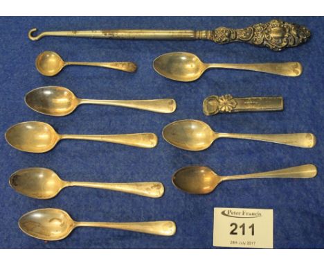 Bag of mainly silver items to include assorted spoons, button hook and pencil holder.(B.P. 24% incl. VAT)