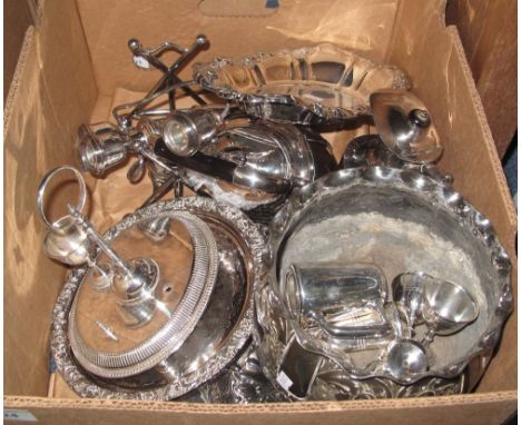 Box of assorted metalware to include table candelabra, spirit kettle on stand, various silver plated trays, egg cruet set etc