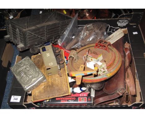 Tray of assorted items to include tin plate Honeymoon express toy, large wooden model of a tender, white metal trinket box, v