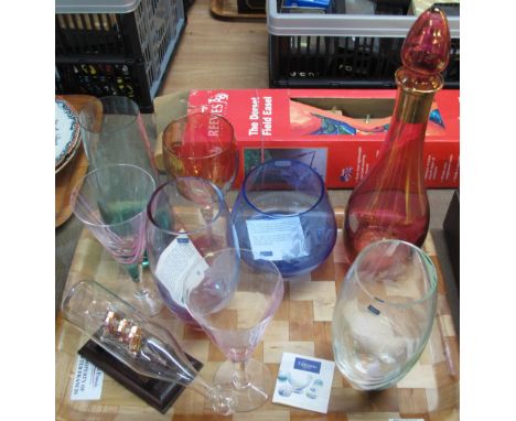 Tray of assorted glassware to include various Caithness vases, ruby coloured decanter and stopper, pair of Caithness conical 