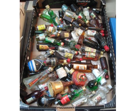Tray of assorted alcoholic miniatures various, to include Wade Bells scotch whiskey, Harvey's Bristol cream, apricot liquors,