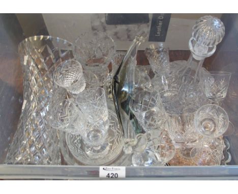 Box of assorted glassware to include ships type decanter with stopper, glass waisted vase and other vases, drinking vessels i