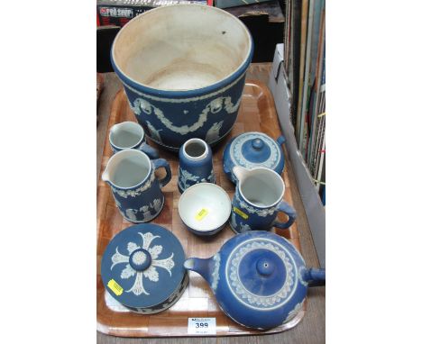 Tray of Wedgwood Jasperware blue and white items with classical figure decoration to include plater, tea pots, trinket boxes,