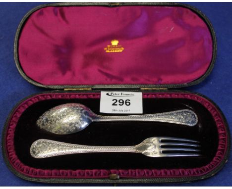 Cased christening set comprising engraved spoon and fork in velvet lined box, Sheffield hallmarks. (B.P. 24% incl. VAT)   CON