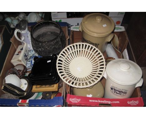 Two trays of assorted mainly china to include an early 20th Century Wedgwood cream ware chestnut basket, various stoneware it