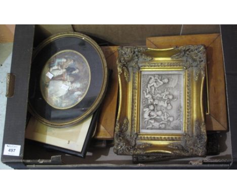 Group of assorted furnishing pictures, hunting prints, relief panels etc. One box. (B.P. 24% incl. VAT)