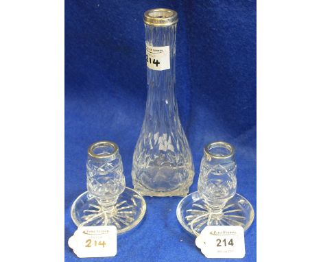 Pair of glass silver collared dressing table candle stick holders together with similar glass silver collared vase.  (3)(B.P.