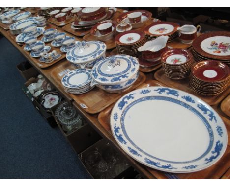 Five trays of George Jones and Sons "Dragon Crescent" tea and dinner ware items comprising tea cups and saucers, milk jug, su