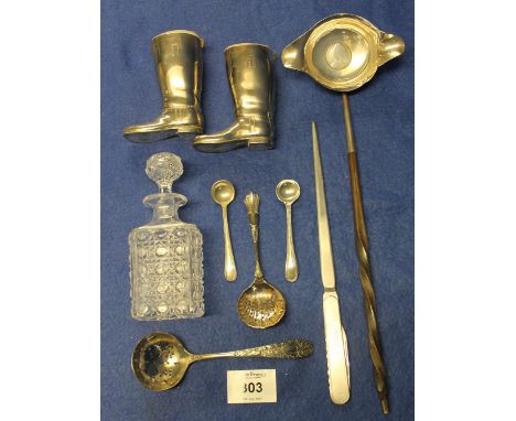 Bag of assorted silver, glass and plated items to include; coin set, toddy ladle, novelty boots, glass scent bottle and stopp