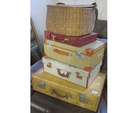 Three vintage trunks or suitcases, together with small briefcase and vintage wicker creel. (5)(B.P. 24% incl. VAT)
